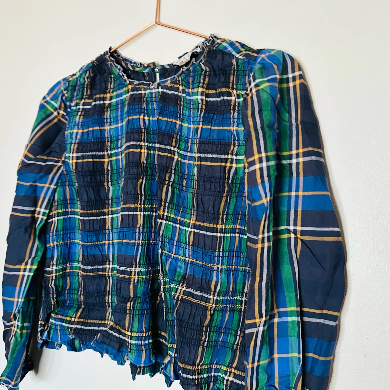 TANYA TAYLOR Blue Green Plaid Smocked Keyhole Back Long Sleeve Crop Top Size S - Image 7