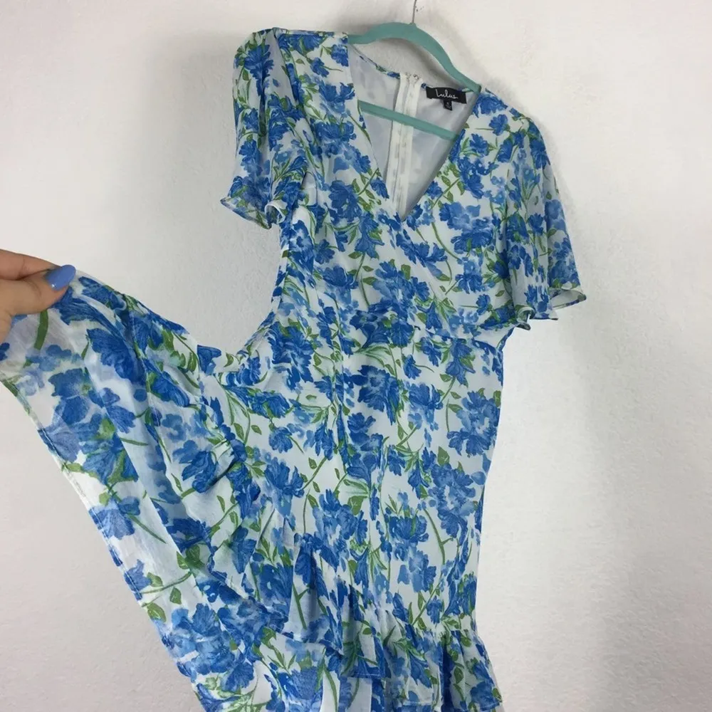 Lulus Glorious White and Light Blue Floral Print Ruffled Aline Mini Dress Small - Image 12