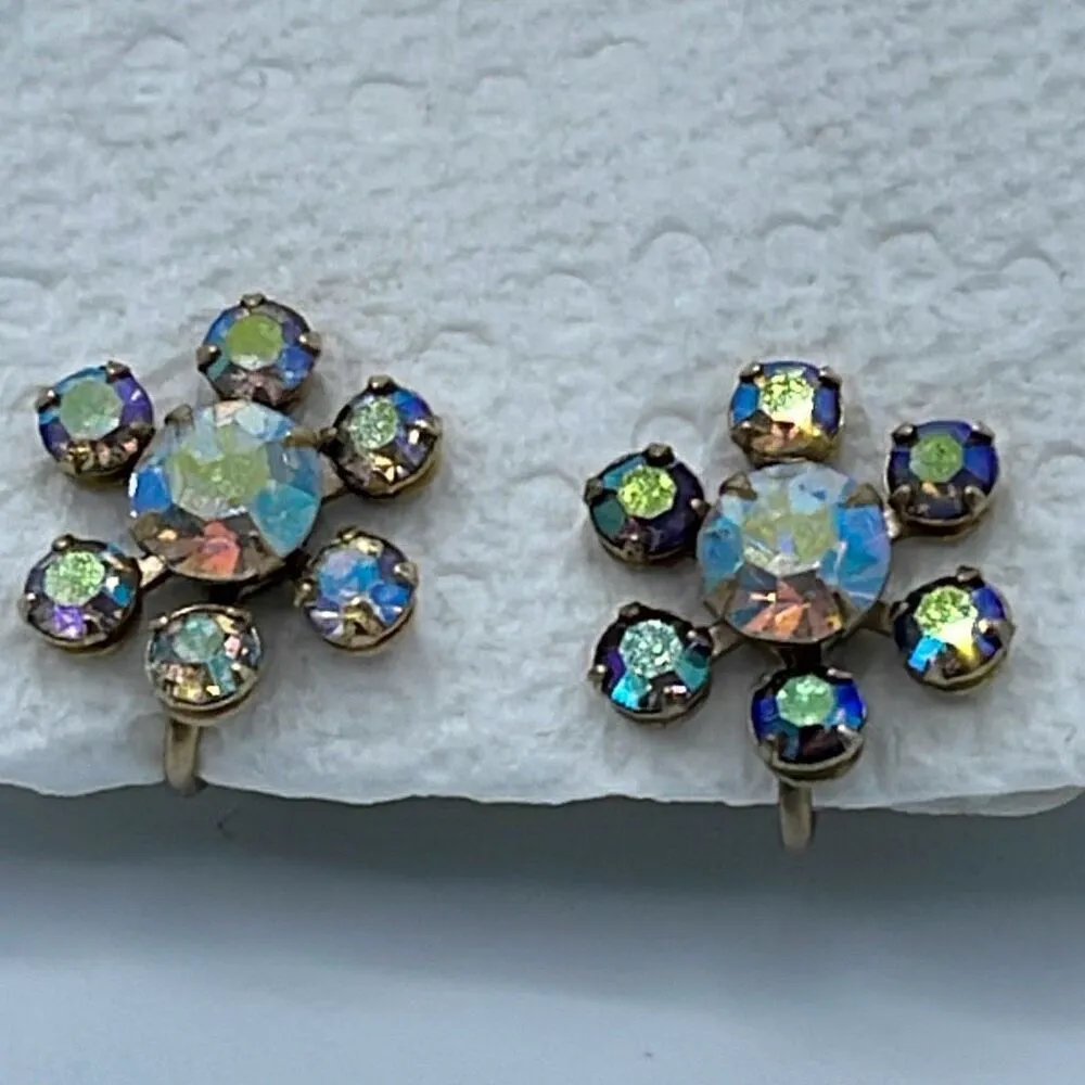 Weiss blue floral AB stones screwback earrings. Gold - Image 2