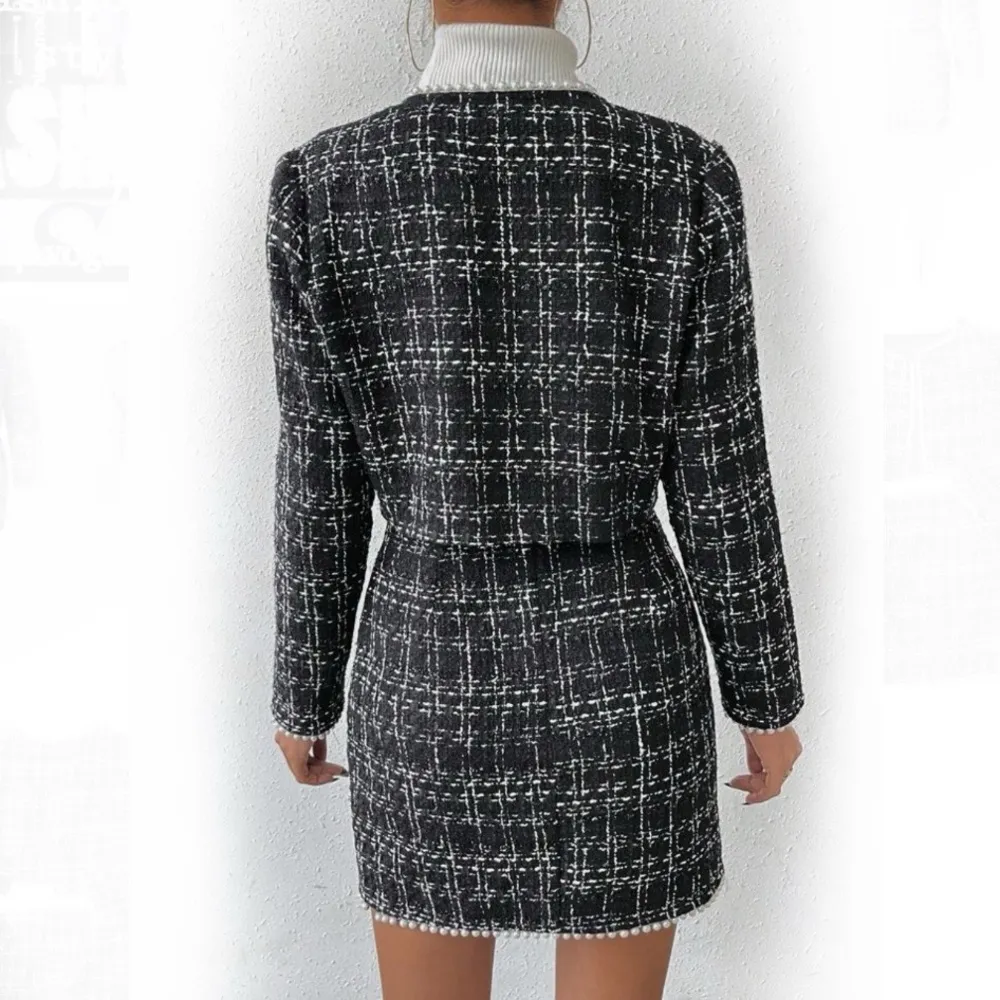 SHEIN Privé Plaid Pattern Suit Cropped Jacket Mini Skirt Pearl Edged Size Small - Image 10