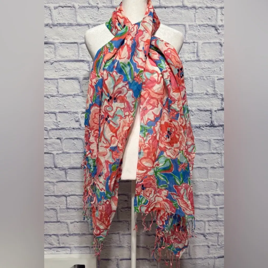 Lilly Pulitzer Murfee Scarf Silk Cashmere Blue Pink Floral Print Fringe Shawl XL - Image 5