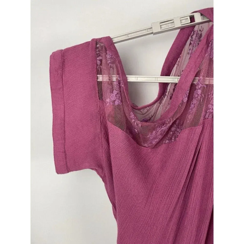 Free People Purple Pink Cold Shoulder Floral Lace‎ Sleeve Gauze Mini Dress - Image 5