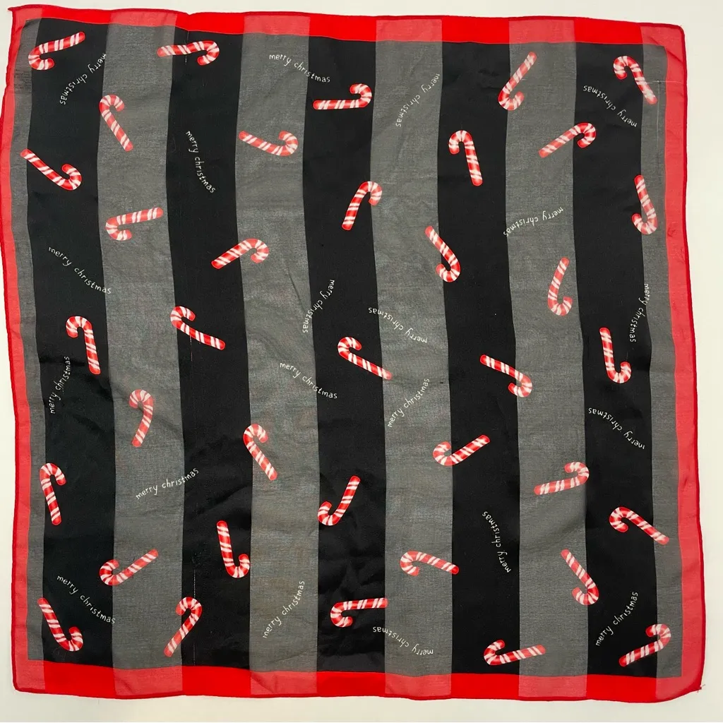 Vintage Christmas Scarf Candy Canes Square Sheer Stripes Holiday Red Black - Image 1