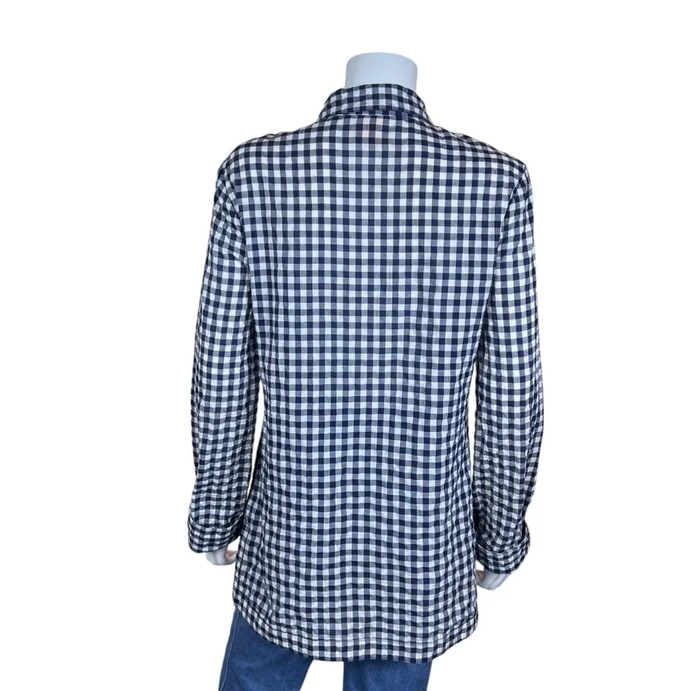 Tory Burch Long Sleeve Navy and White Checkered Pop-Over Henley Blouse - Image 5