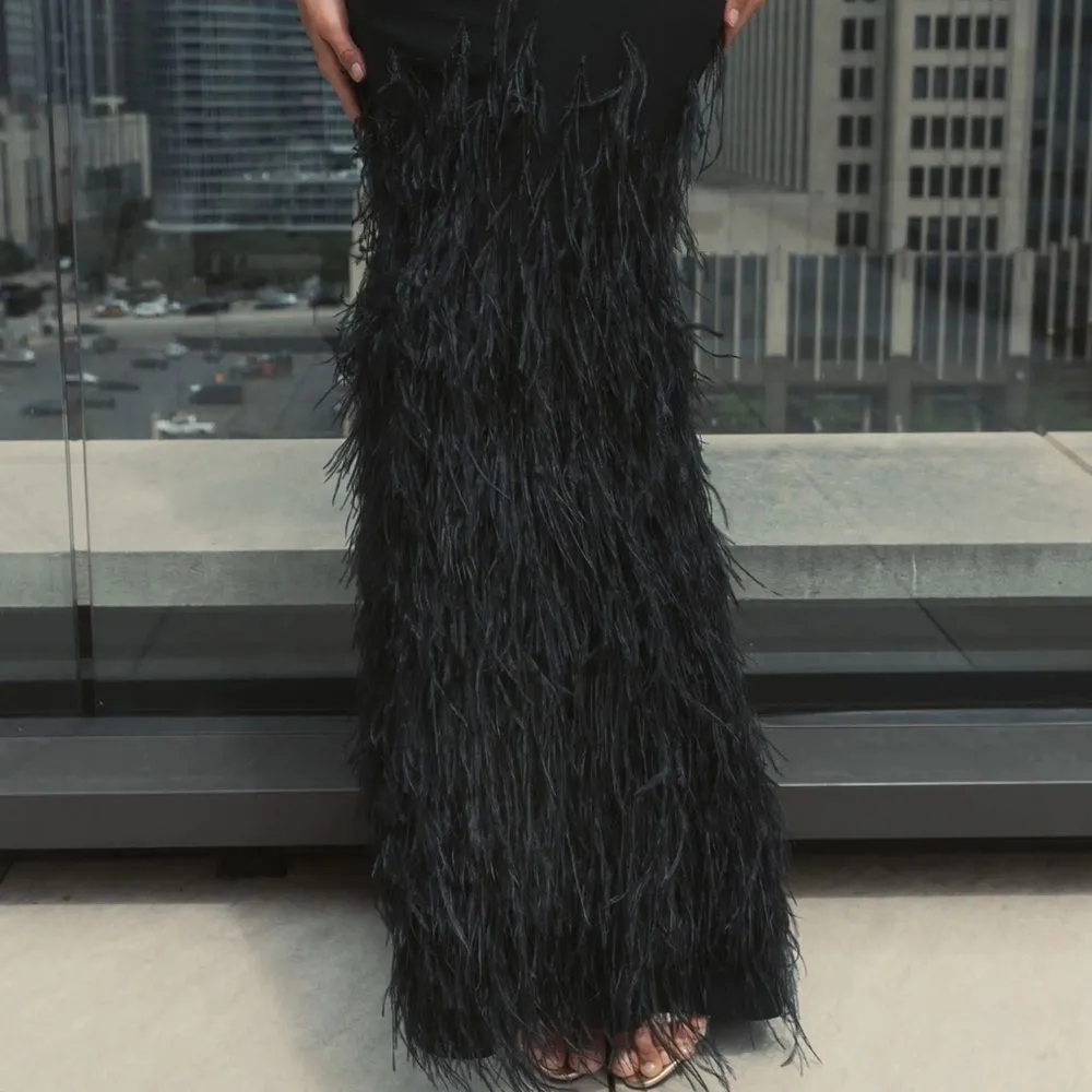 MAC DUGGAL  11839 Black Jersey Long Sleeve High Neck Feather Gown - Image 6