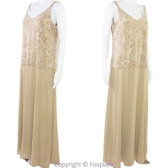 Vintage Alex Evenings floral embellishment‎ top beige/ brown dress, size 12 - Image 3