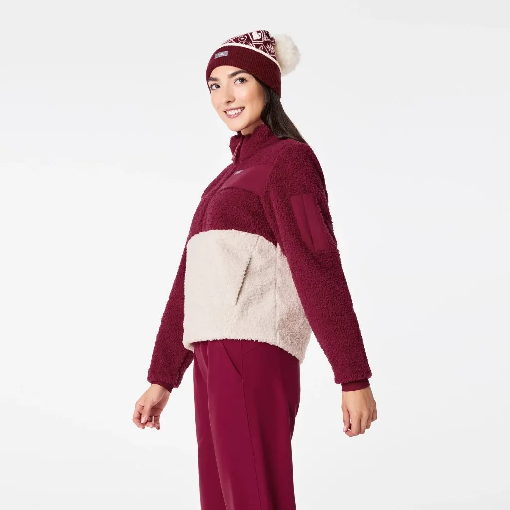 Figs On-Shift High Pile Fleece Pullover Jacket in Deep Cranberry, Size Medium - Image 2