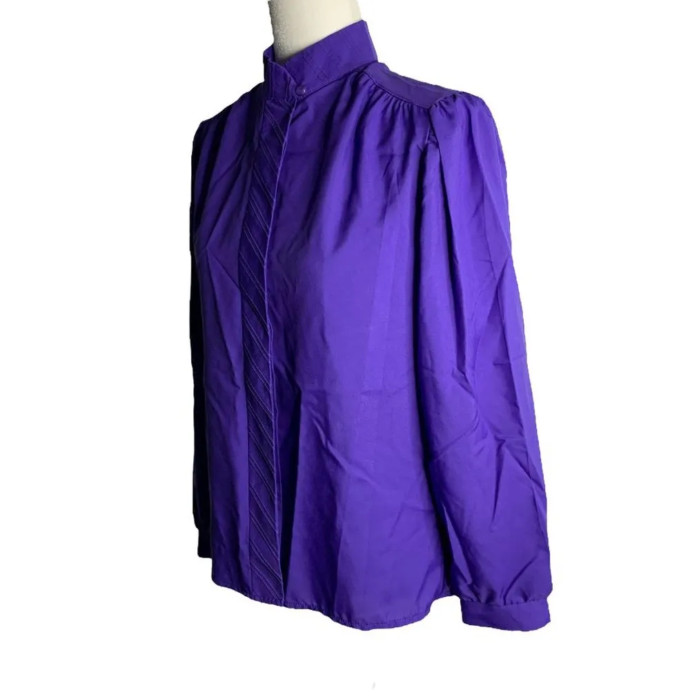 Vintage 80s Donnkenny Secretary Blouse M Purple Hidden Buttons High Neck - Image 3