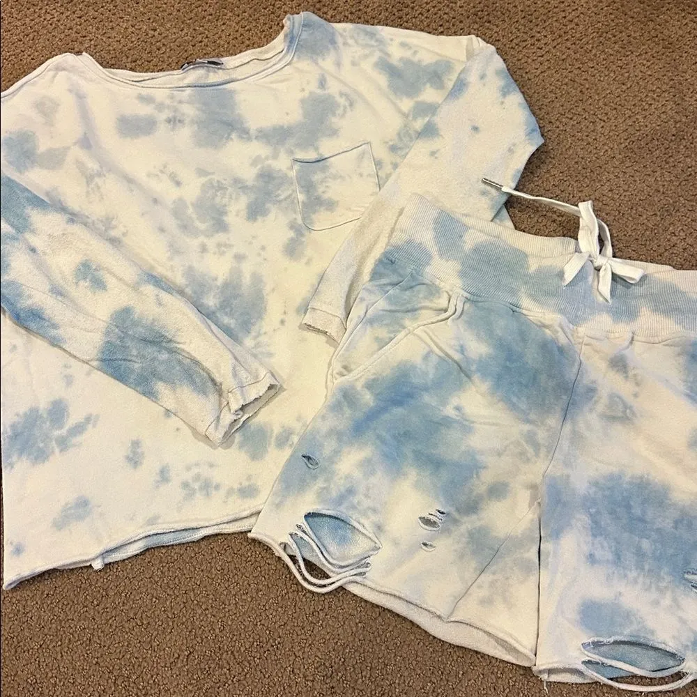 Fate Blue and White Tie Dye Ripped Sweatshirt & Shorts Loungewear Set Size Small Blue - Image 1