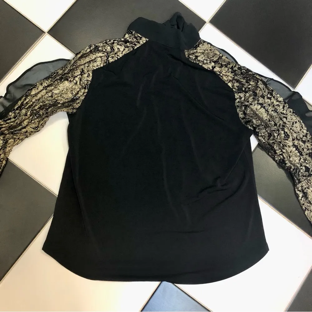 7th Avenue New York & Company Black Blouse Gold Lace Long Sleeves Neck Tie Large Multiple - Image 7