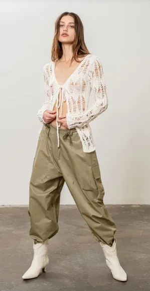 Moon River Open Front Tie Closure Long Sleeve Knit Cardigan in Cream One Size - Image 1