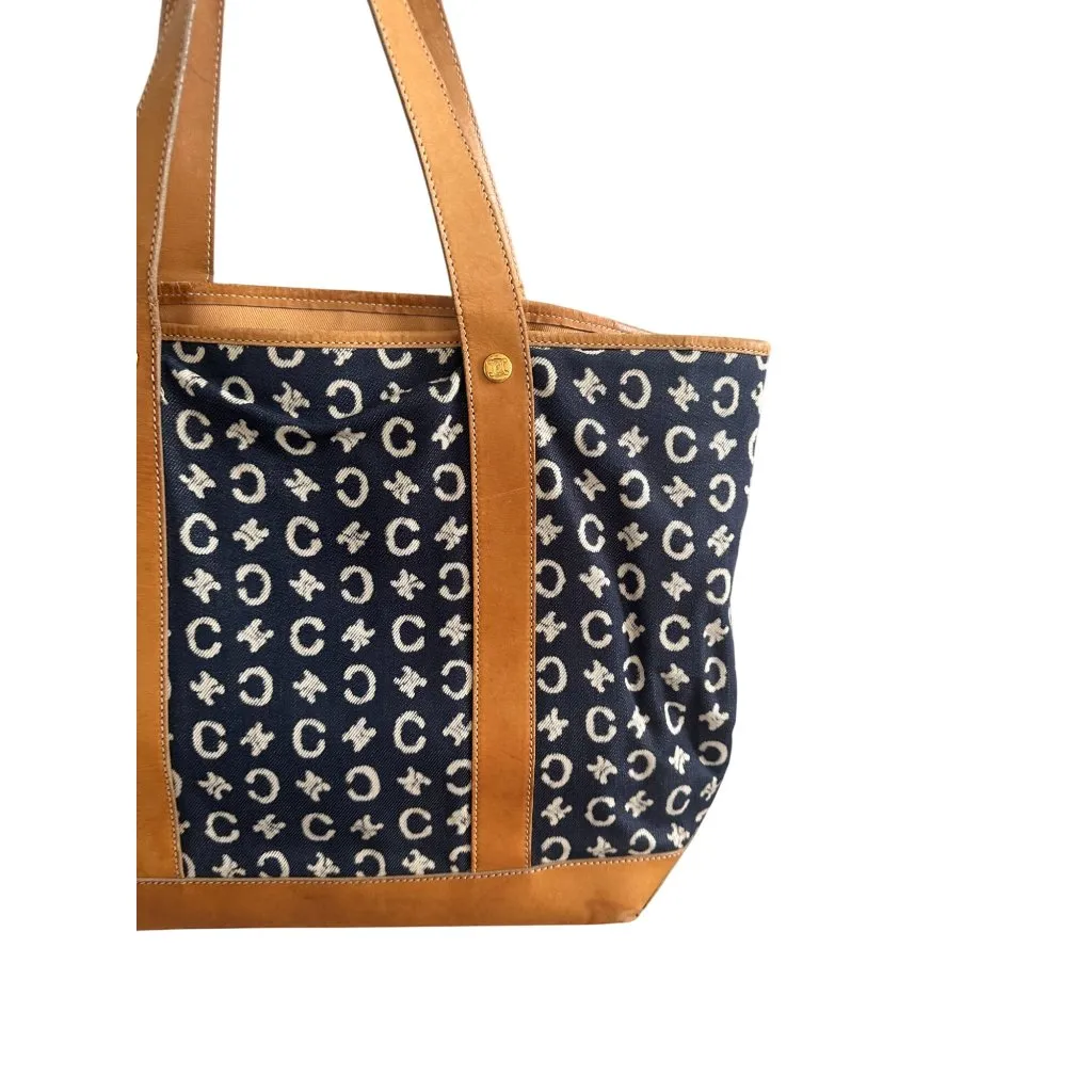 CELINE Vintage Tan Blue Macadam Tote Shoulder Bag - Image 5