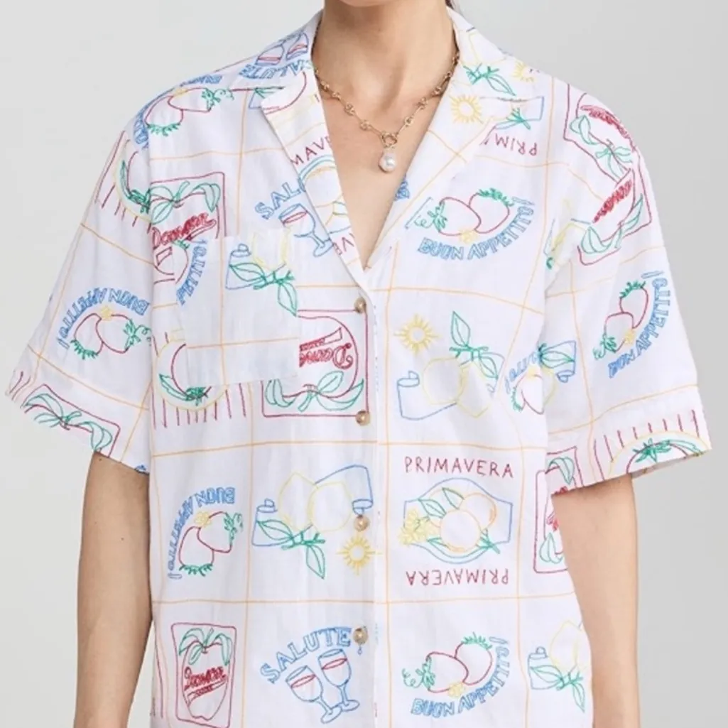 DAMSON MADDER Buon Appetito Linen Blend Embroidered Shirt UK 8‎ White Size undefined - Image 2