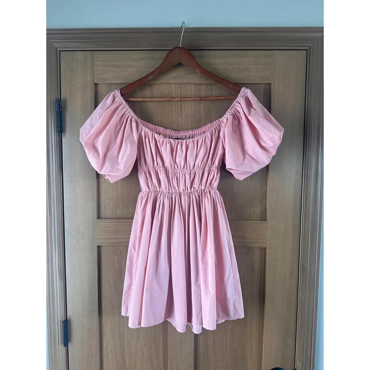Abercrombie & Fitch Off-The-Shoulder Puff Sleeve Mini Dress Pink Women’s Medium - Image 7