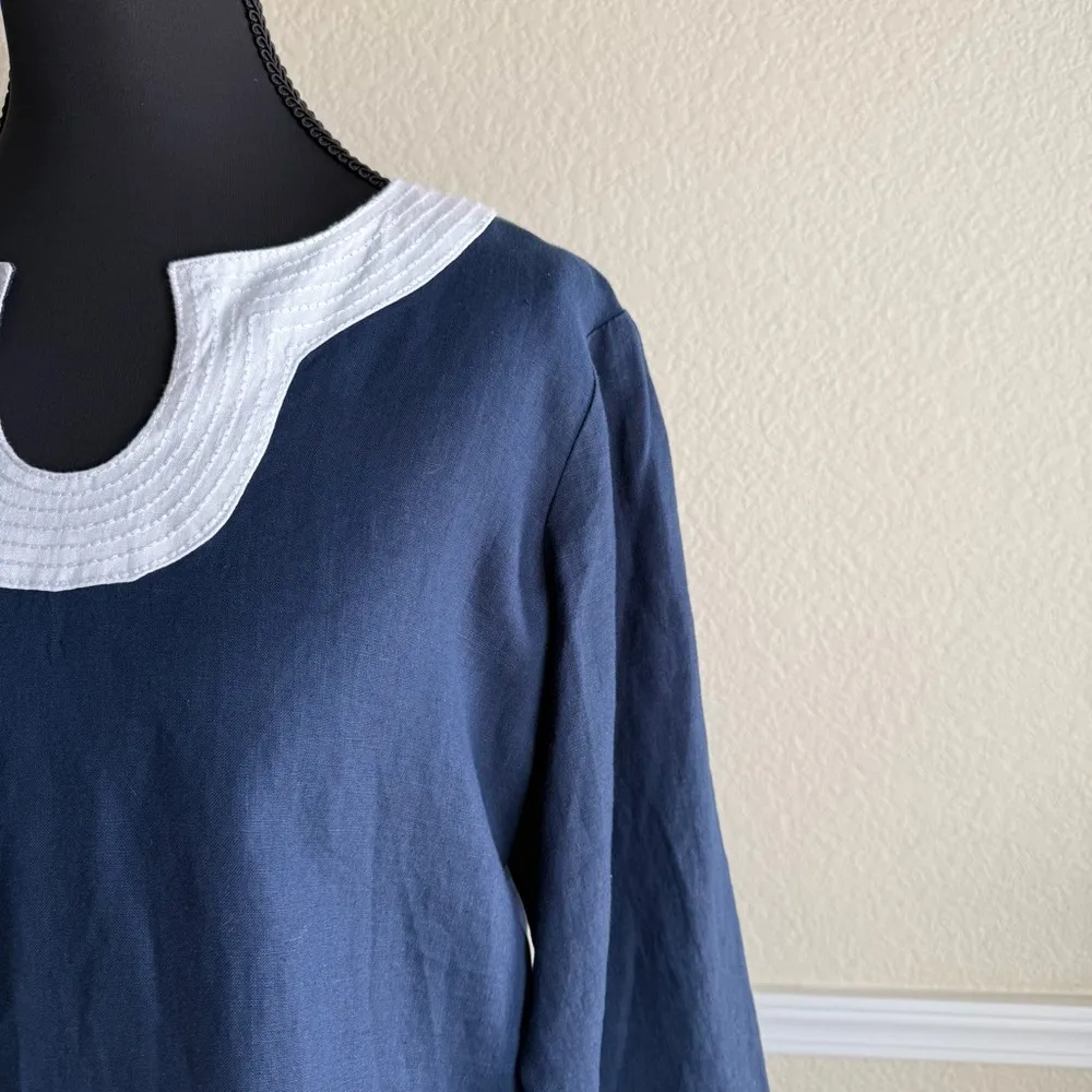 Coastal Grandma Style Nautical Tunic Linen Top Jones New York Size M Blue White - Image 3