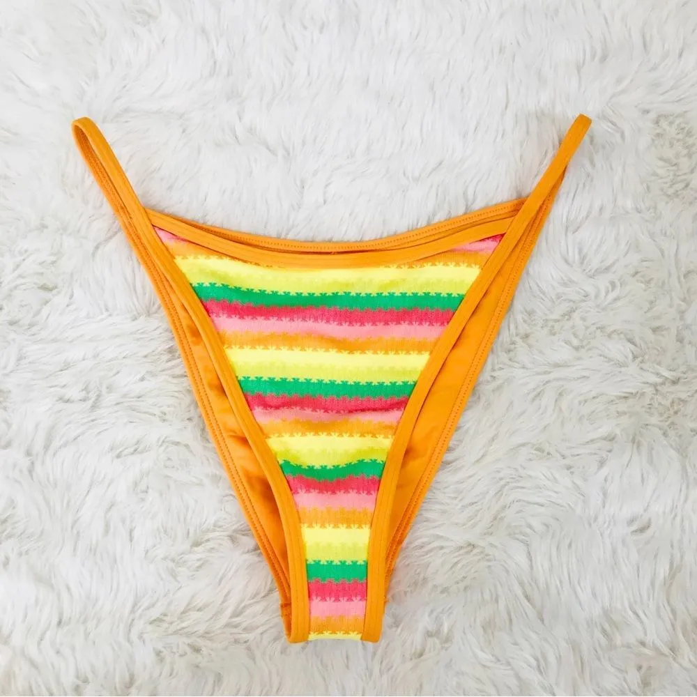 L*SPACE Tommy Rainbow Stripe‎ String Bikini Bottom Cheeky Orange Size Medium New - Image 2