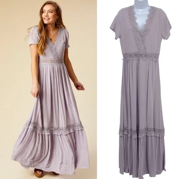 Altar'd State Tiered Lace Maxi Dress V Neck Short Sleeve Lavender Purple Large - Image 2