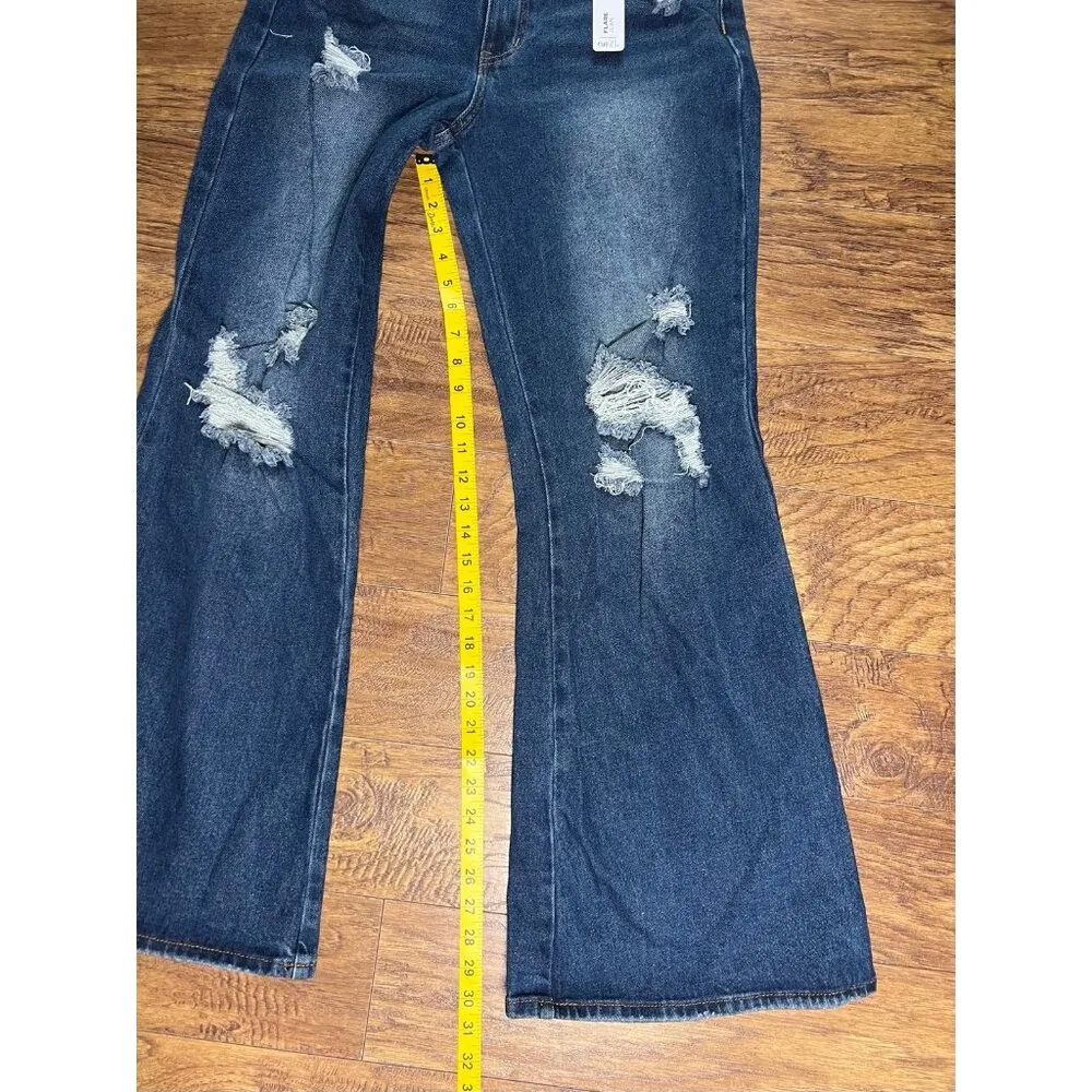 RUE21 Women’s High Rise Flare 90’s Fit Dark Denim Distressed Jeans sz 9 NEW - Image 8