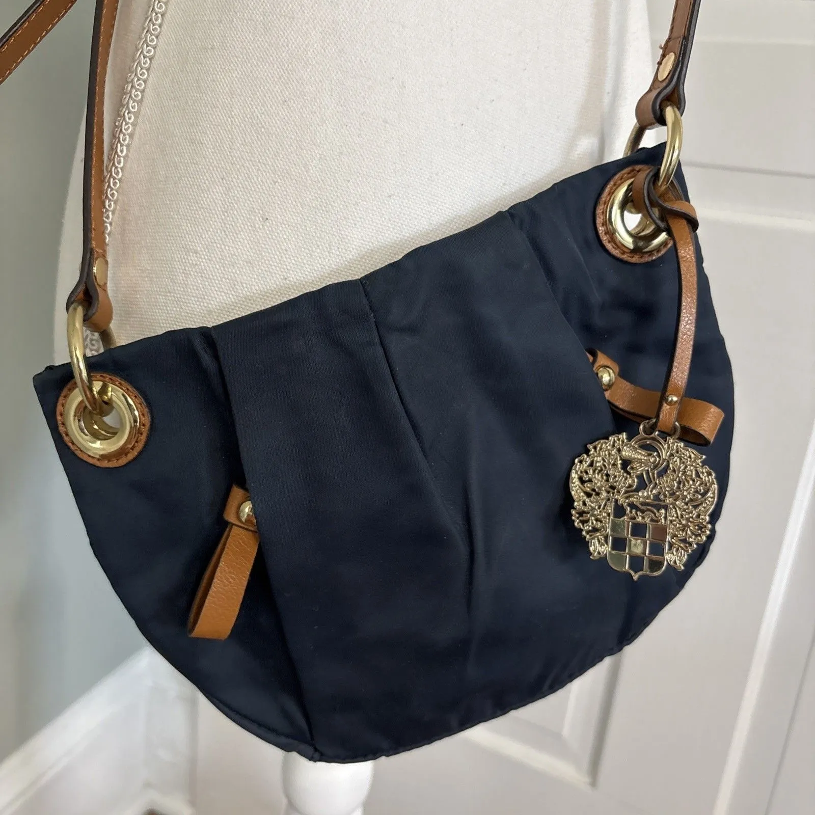 Vince Camuto Cris Blue Nylon Brown Leather Crossbody Tassel Bag Gold - Image 2