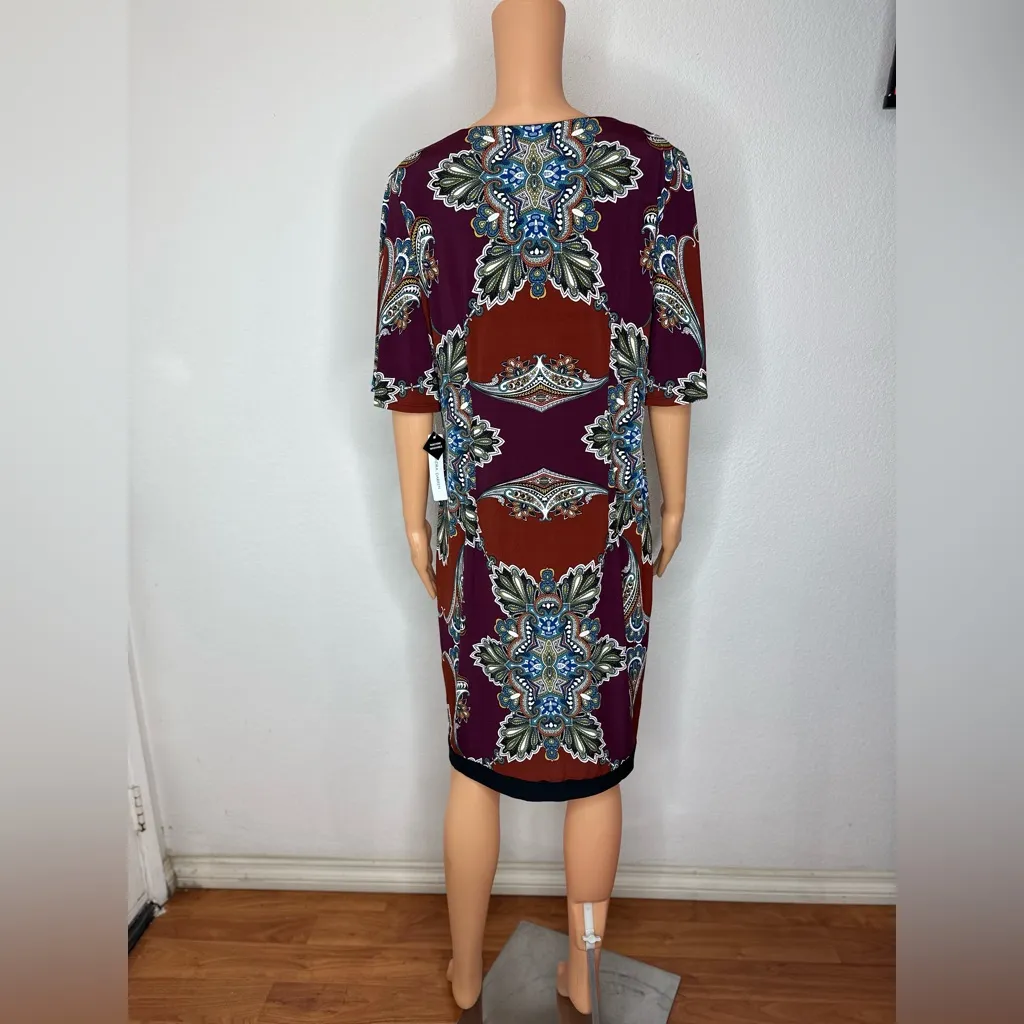 Sandra Darren Dress Wine Mutli L Large Short Sleeve Stretch Sheath Washable Fall - Image 3