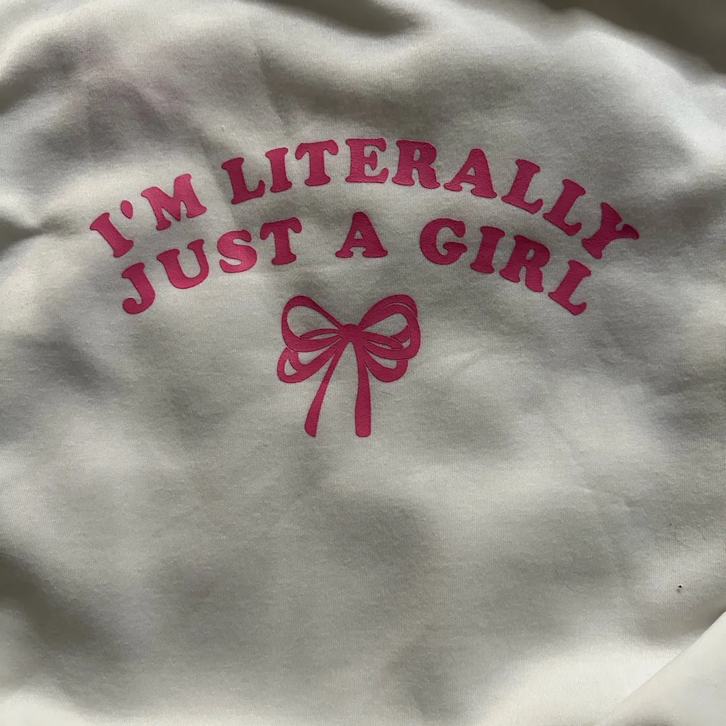 White Hoodie with Pink Bow Embroidery. “I’m literally just a girl” in the back Size undefined - Image 4