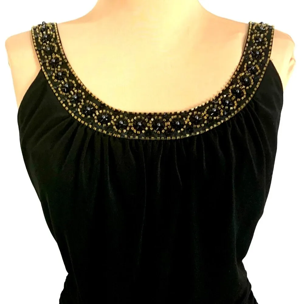 Adrianna Papell Black Beaded Egyptian Collar Midi Cocktail Dress 6 Ruched Waist - Image 2