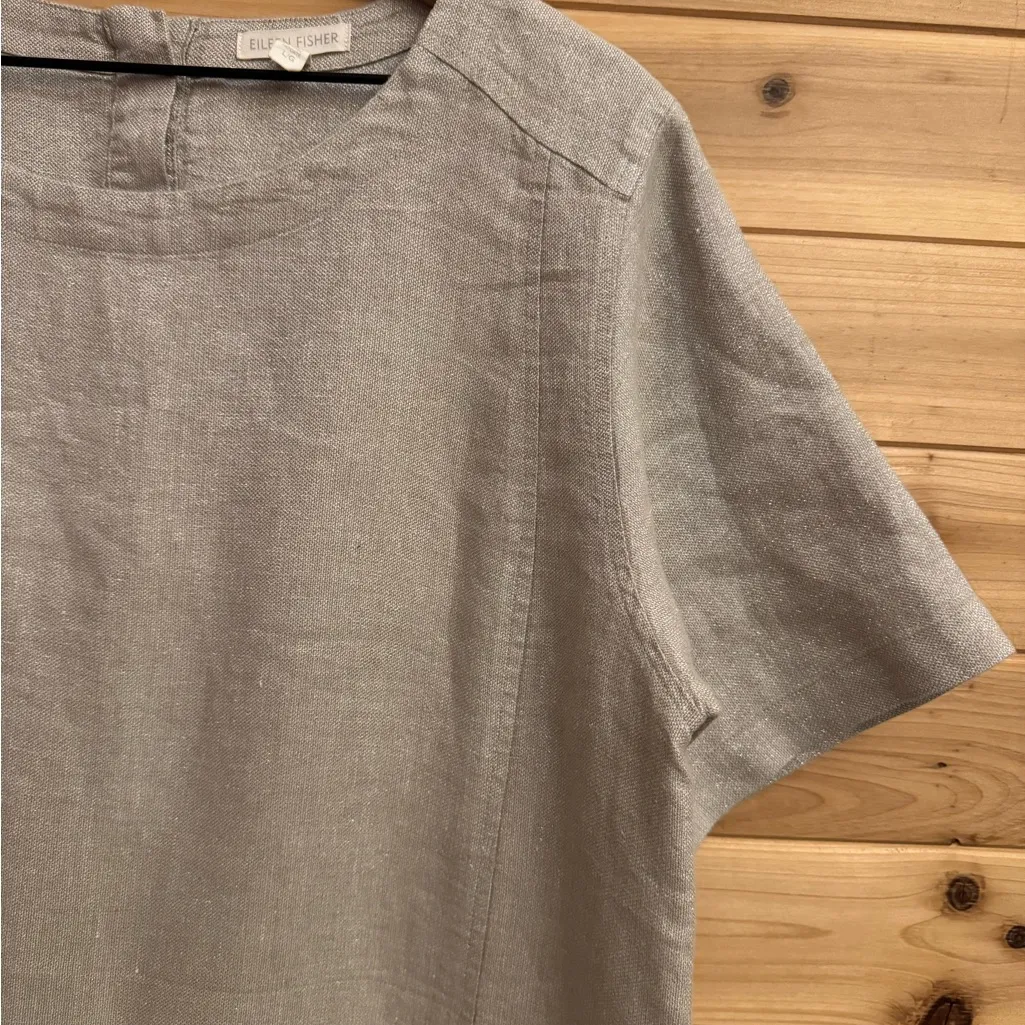 Eileen Fisher Size Large Organic Linen Blend Metallic Silver Tan Dress Lagenlook - Image 2