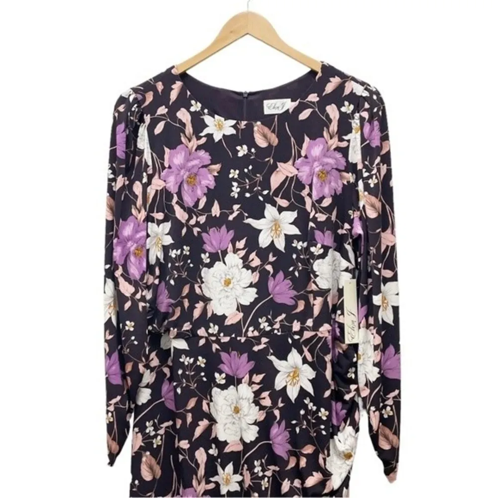 NWT Eliza J Floral Long Sleeve Shirred Midi Dress Aubergine Blooms Plus Size 20W - Image 6