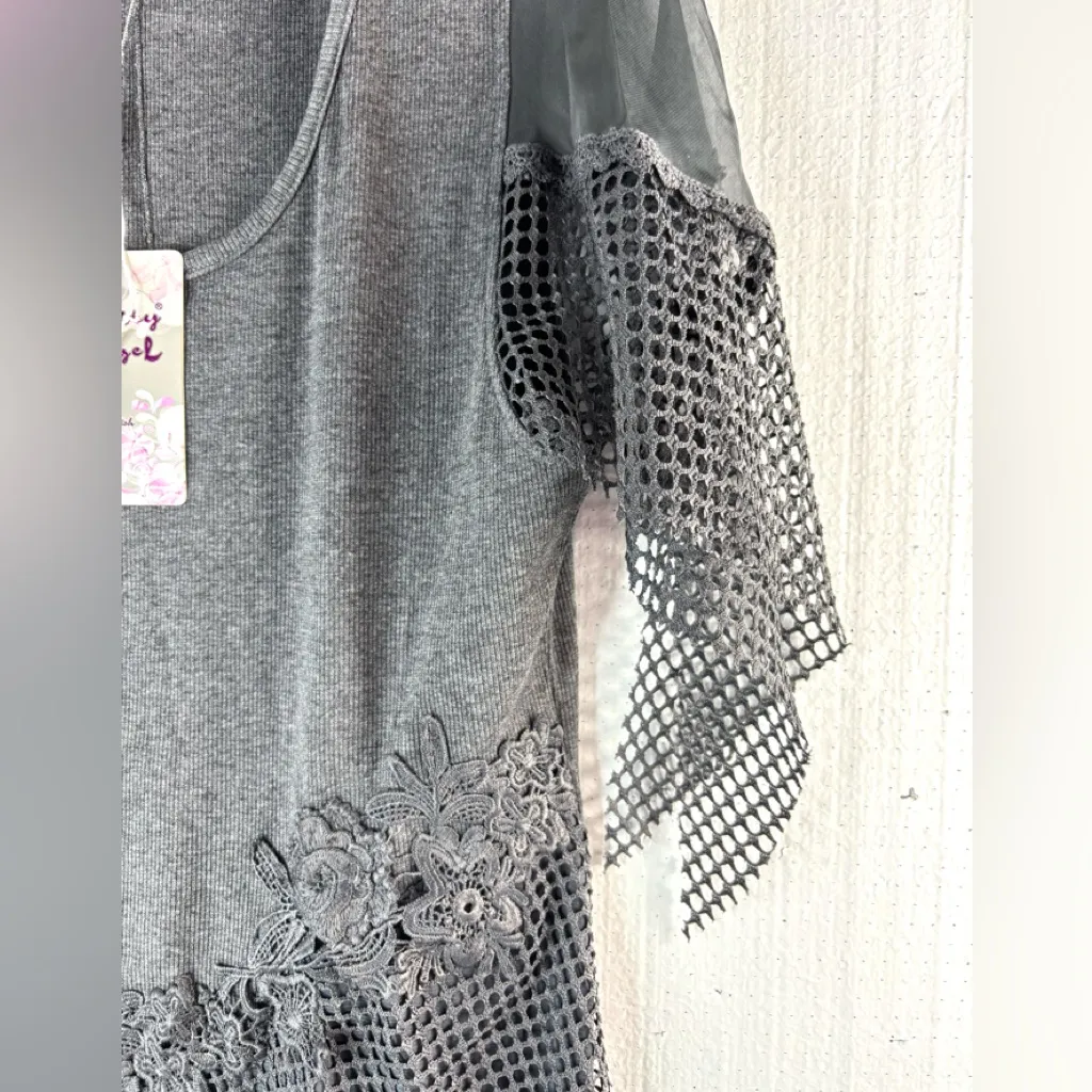 Pretty Angel L Linen Blend Ribbed Gray Mesh Lace Charcoal Knit Mini Dress - Image 3