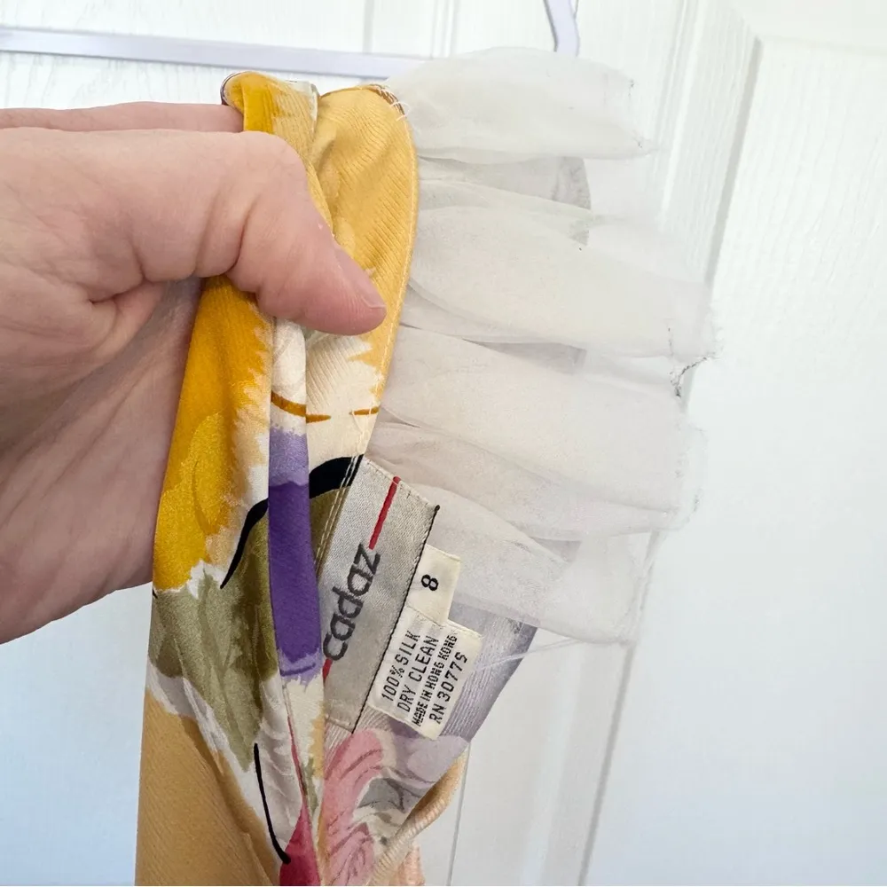 Vintage CADAZ low back bow floral ruffle 100% silk dress SZ 8 Yellow - Image 5