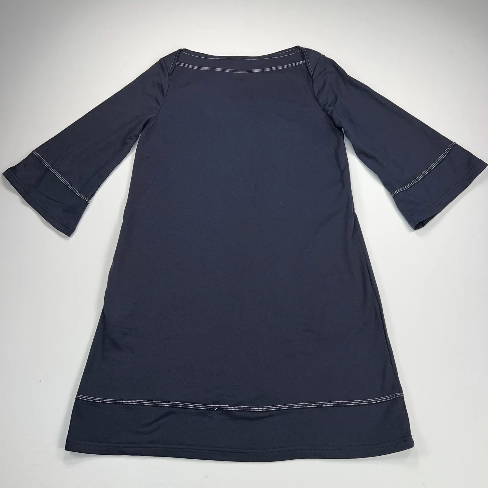 Suzanne Betro Navy Contrast Stitch Boat Neck Flare Sleeve Shift Dress Size M - Image 2