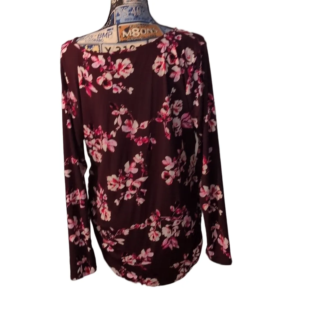 Motherhood Burgundy Floral Babydoll Long Sleeve Wrap Top Size XL Pink - Image 7