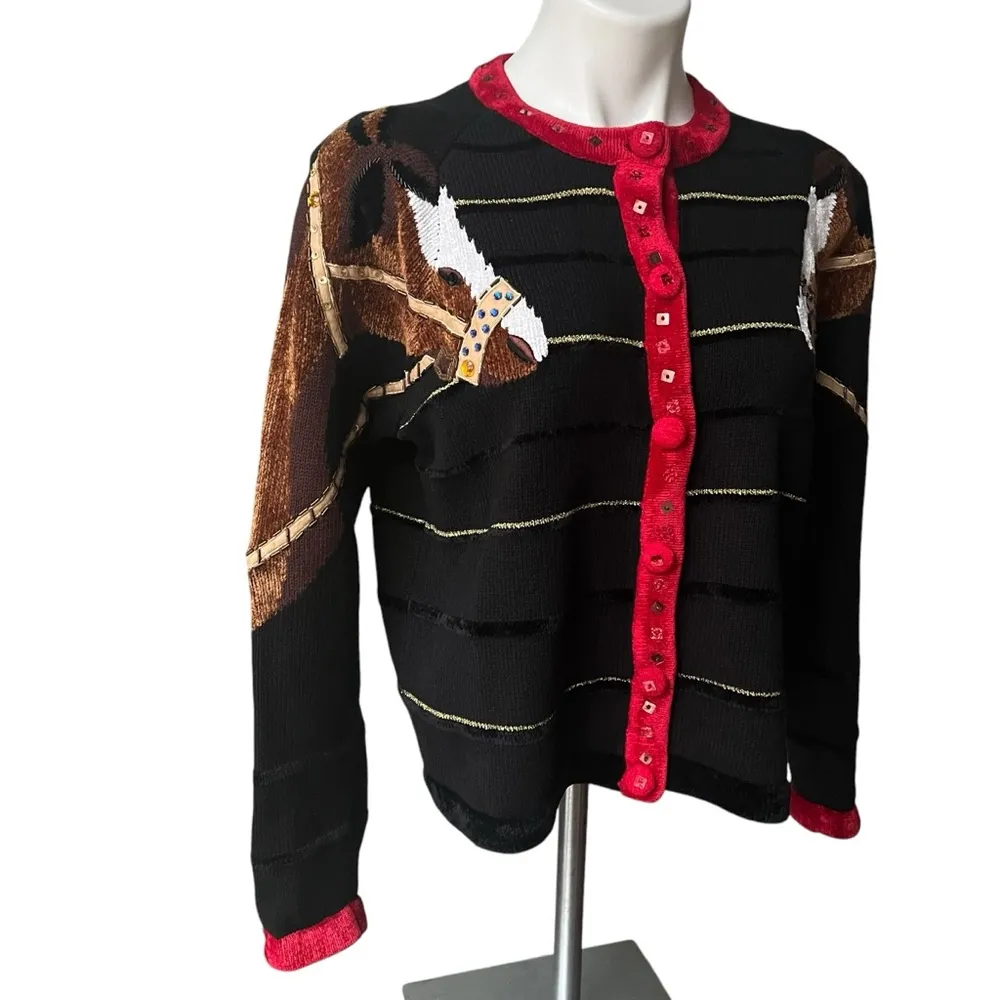 Vintage 80’s Berek Button Down Equestrian Horse Cardigan, Sz M Black Size M - Image 5