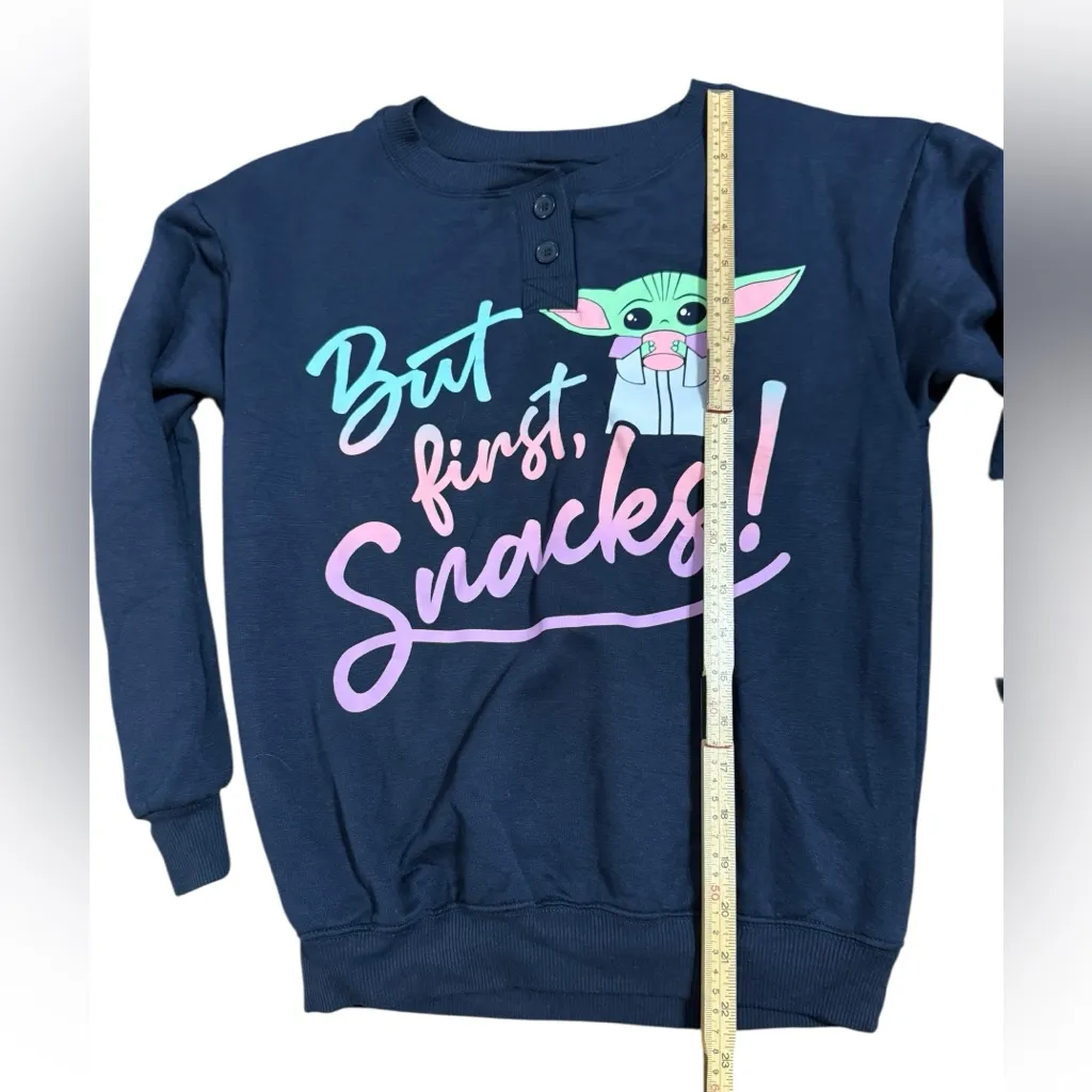 Star Wars Navy Baby Yoda Pajama Lounge Sweatshirt Top “But First, Snacks!” XS - Image 4