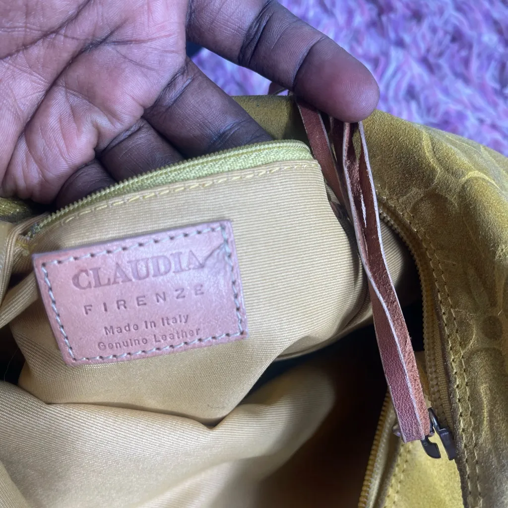 CLAUDIA FIRENZE FLORAL SUEDE SHOULDER Y2K EMBOSSED mustard yellow Hobo Bag - Image 8