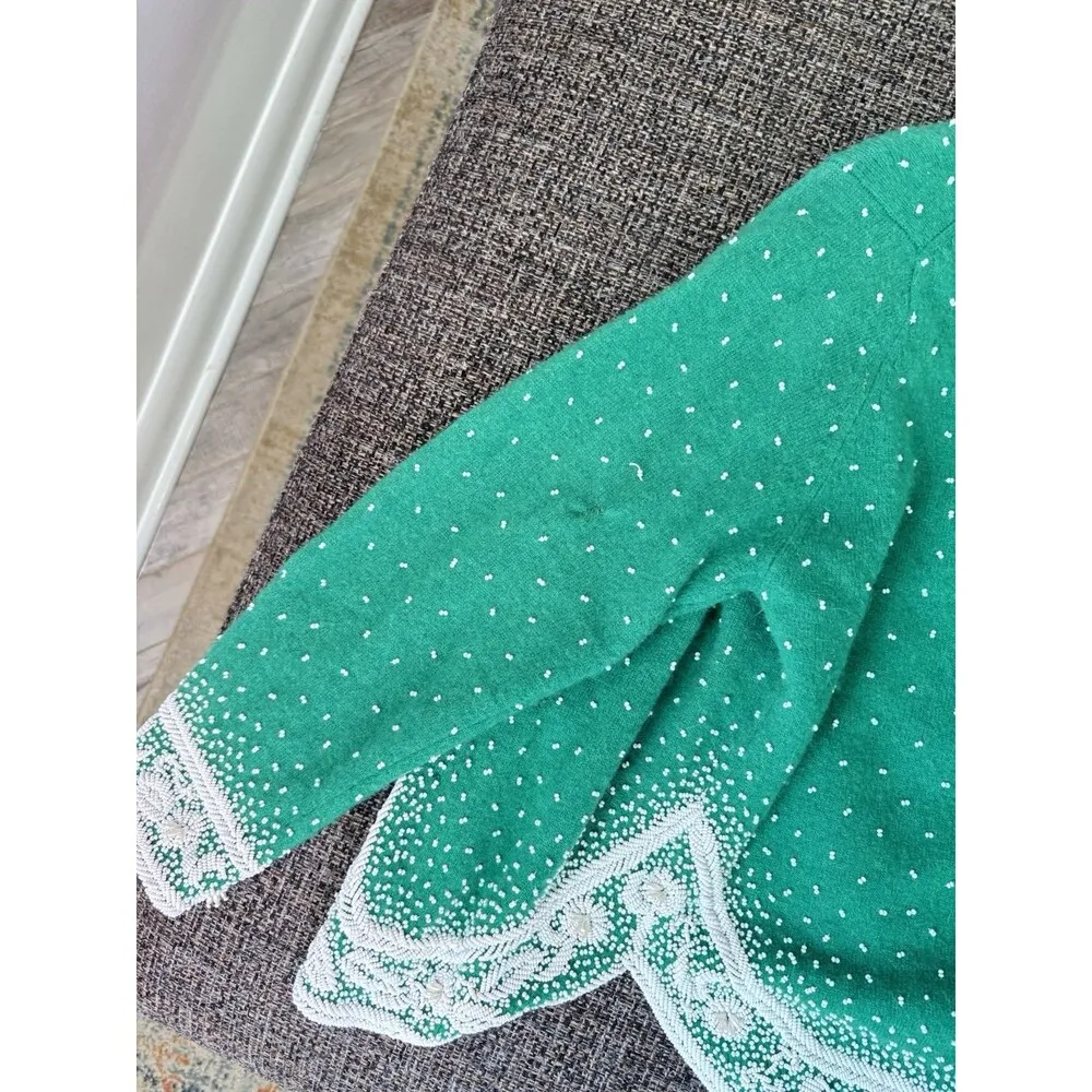 DOREEN LOK Vintage 60s Green Wool White Beads 3/4 Sleeves Cardigan Sweater 36/4 - Image 12