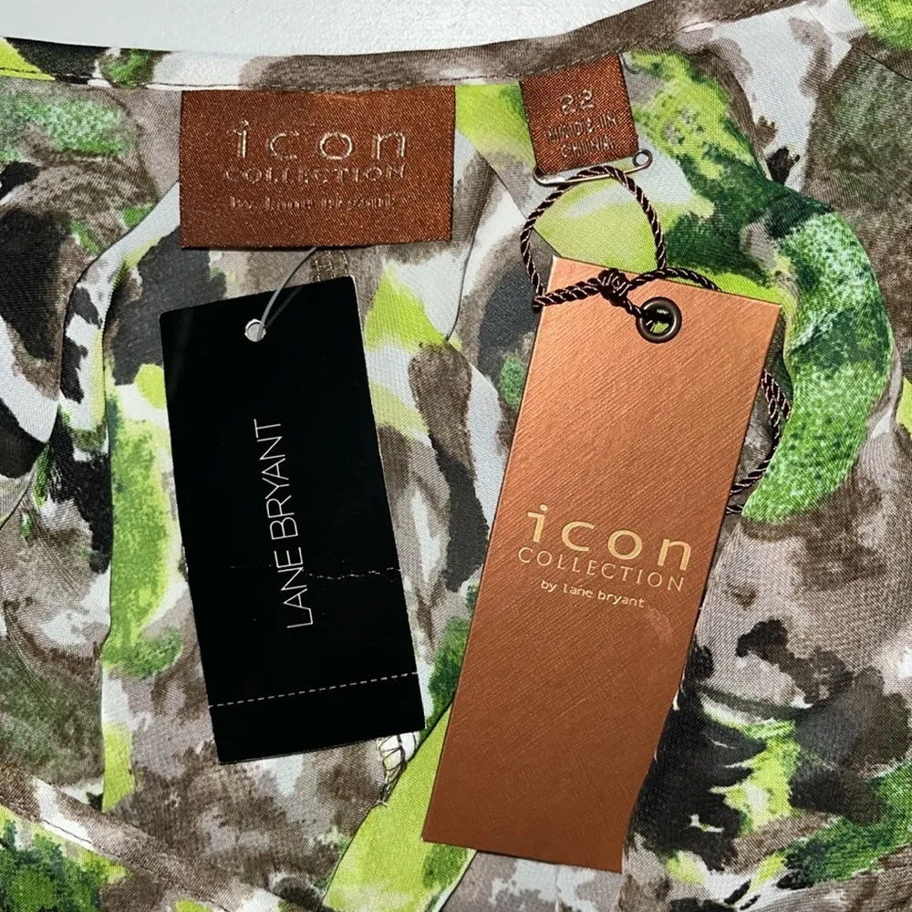 Icon by Lane Bryant NWT Size 22 Green & Brown Floral Tie Waist Sheer Blouse Top - Image 5