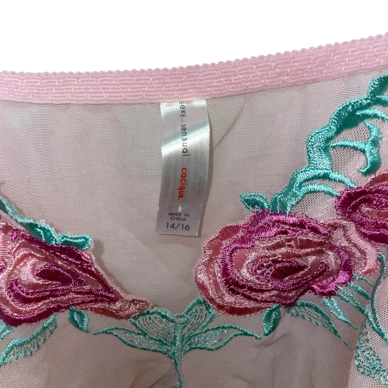 Vintage Cacique Pink Mesh Babydoll Top 14/16 Sheer Embroidered Roses Lingerie Size L - Image 6