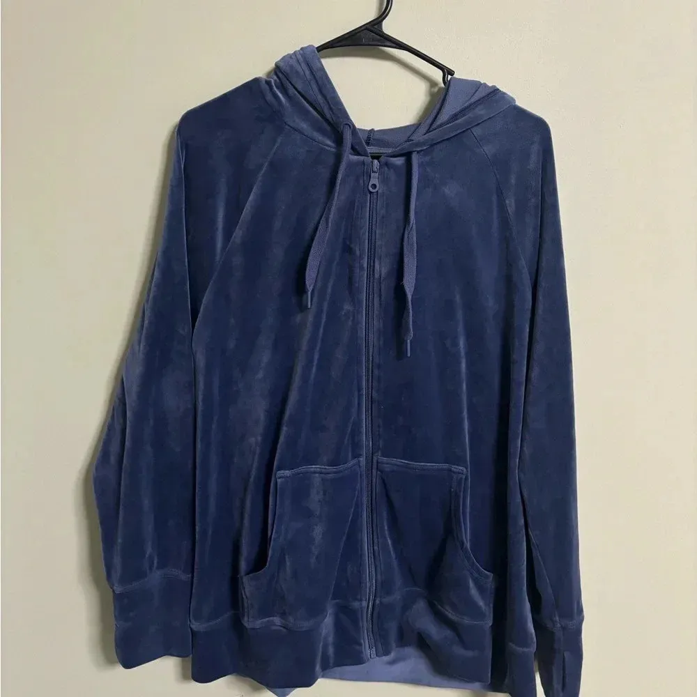 Aerie Offline Velour Velvet Zip Jacket Blue Oversized Size Medium Hooded Soft - Image 2