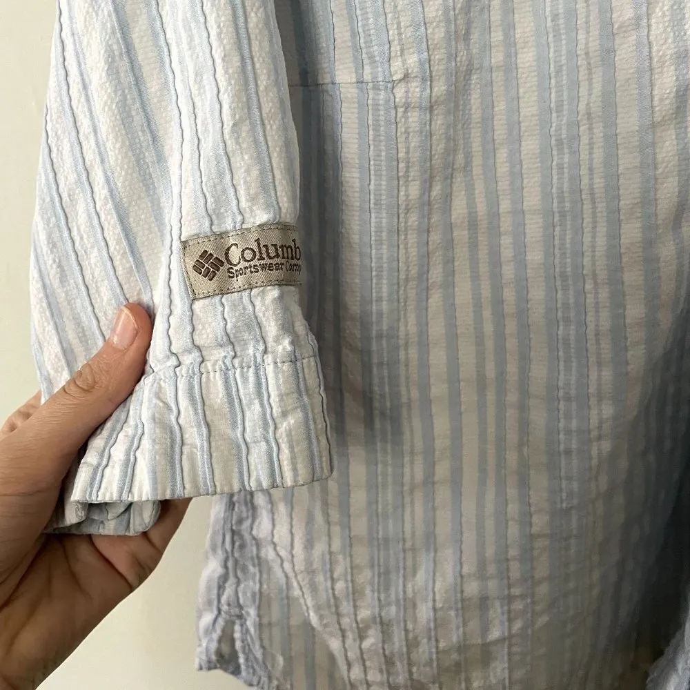 Columbia blue white striped 3/4 sleeve button down collared cotton nylon comfort - Image 4