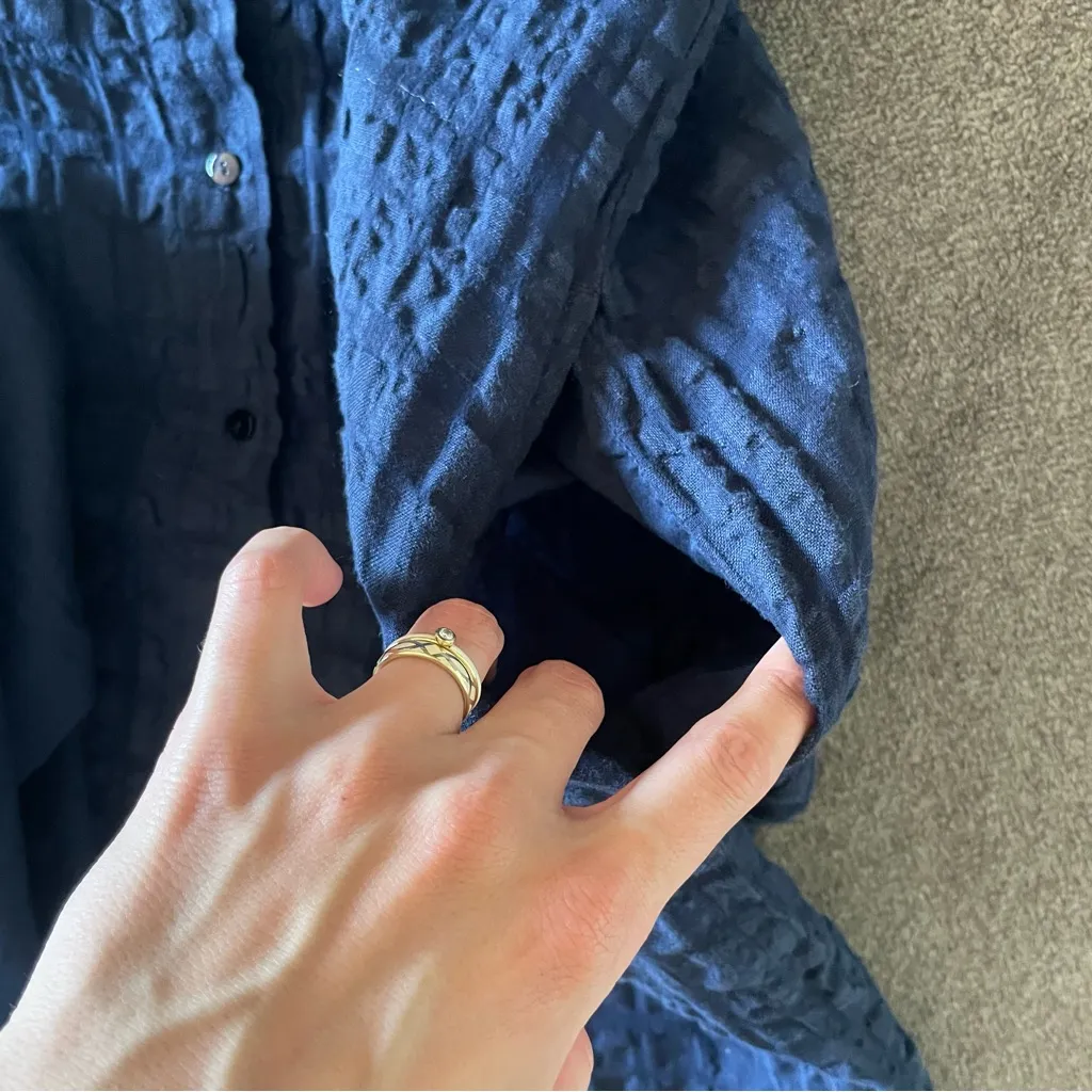 Eileen Fisher Navy Organic Cotton Windowpane Button Front Mini Shirt Dress XS - Image 11