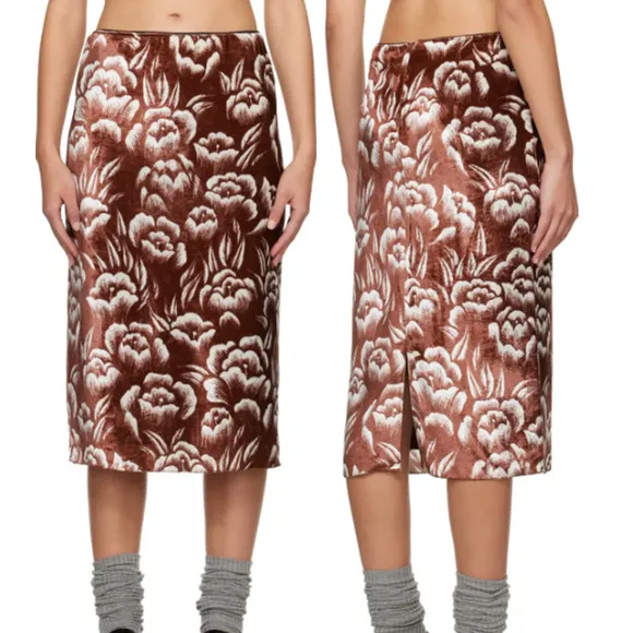 NWT Meryll Rogge Velvet Floral Pattern Pencil Midi Skirt Brown Women's Size 40/L Size L - Image 2
