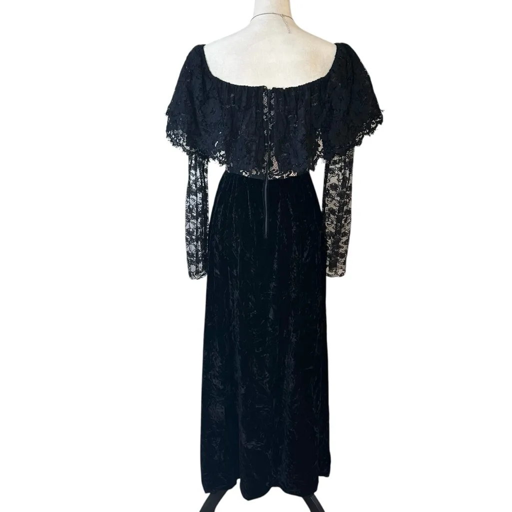 Vintage Lee Jordan Black Velvet Sheer Lace Off Shoulder Maxi Dress Holiday Goth Size XS - Image 3