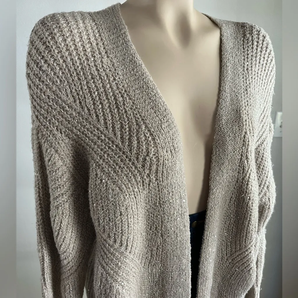 Birch NY Taupe Metallic Knit Open Front Cardigan Sweater Size M Tan Size M - Image 9