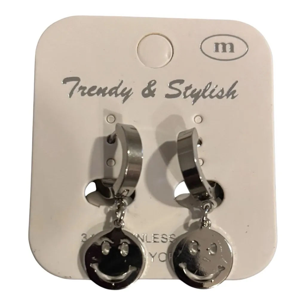 Silver Smiley Face Earrings - Image 4