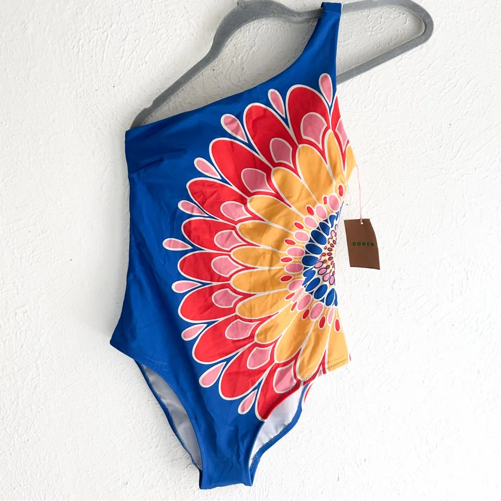 Boden One Shoulder Swimsuit Blue Artisan Petal Sz Size 4 - Image 3