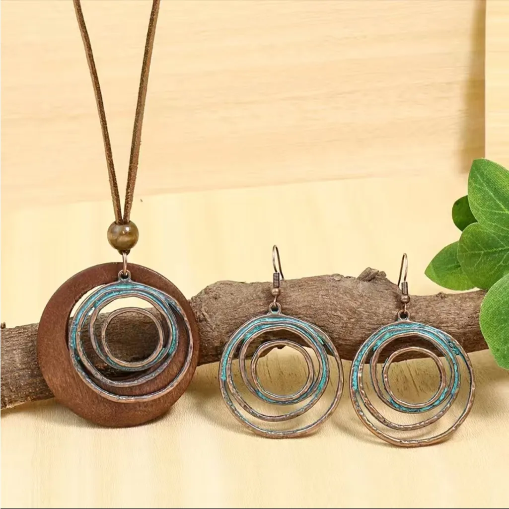 Boho Vintage Style Necklace/Earrings Set Hollow Spiral Design Zinc‎ Alloy Wood - Image 3