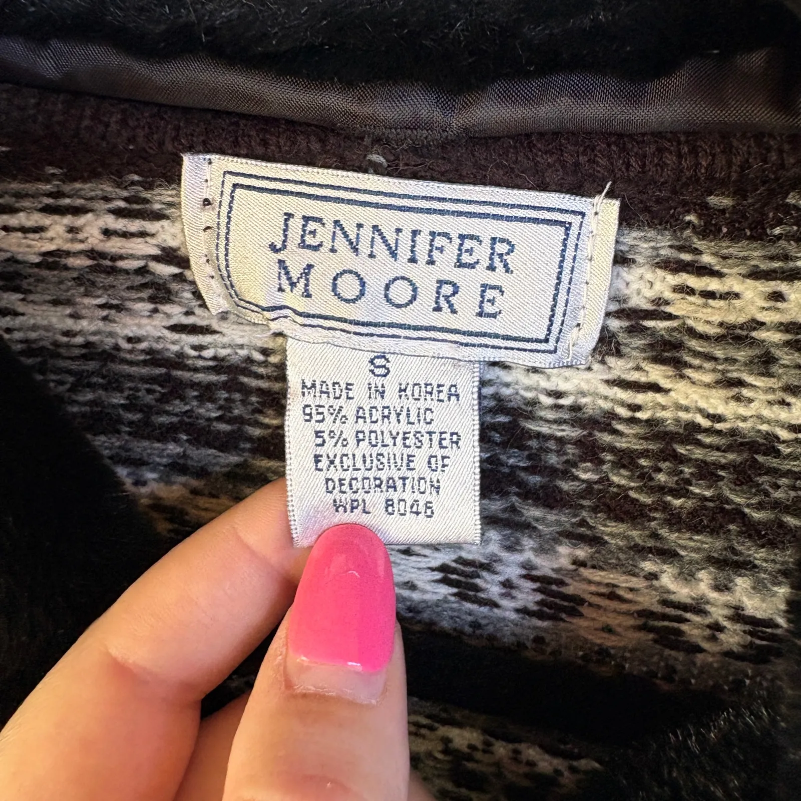 Vintage 90s Fair Isle Zip Up Cardigan Sweater Faux Fur Collar Black Ski Small - Image 7