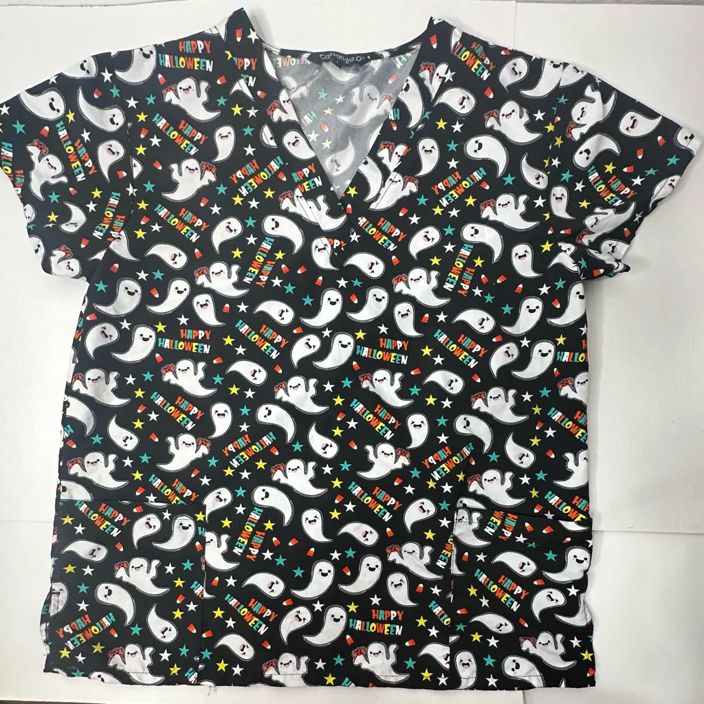 Halloween Cartoon Scrub Top By Cassandra‎ O Women Size L Ghosts Stars Candy Corn Black Size L - Image 5