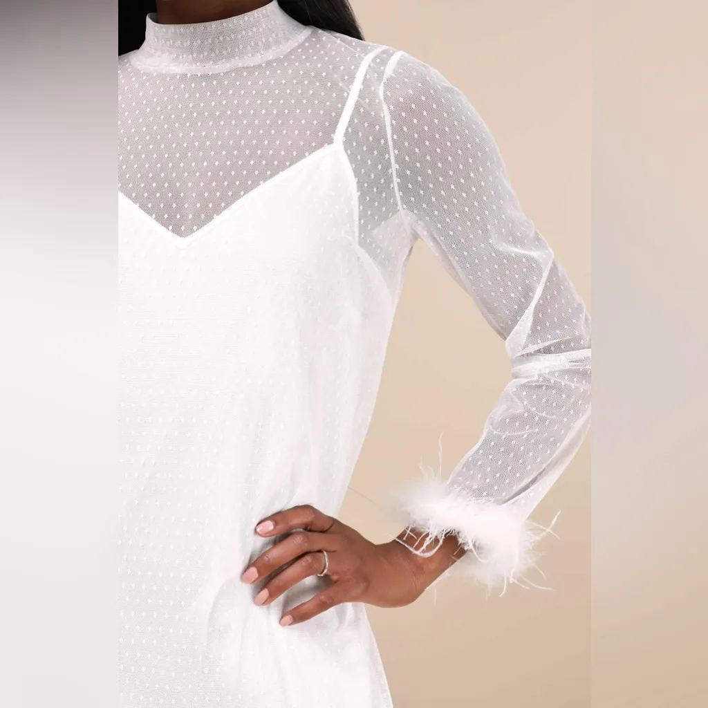 Lulus  Immaculate Charisma White Mesh Feather Long Sleeve
Mini Dress - Image 4
